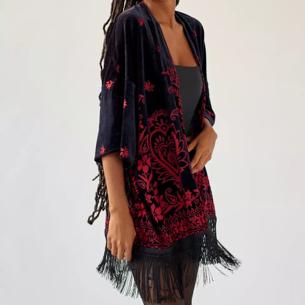 ♥️Boho velvet fringe duster - One Size - Black/Maroon